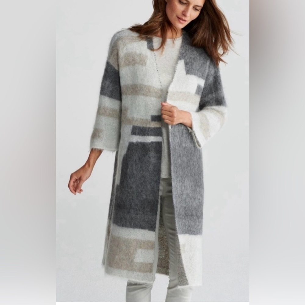 Eileen Fisher Brushed Alpaca Mohair Long Line Cardigan Grey Cream XL